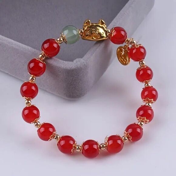 Lucky Dragon Red Bead Bracelet with Synthetic Jade Bead - Picture 3 of 5